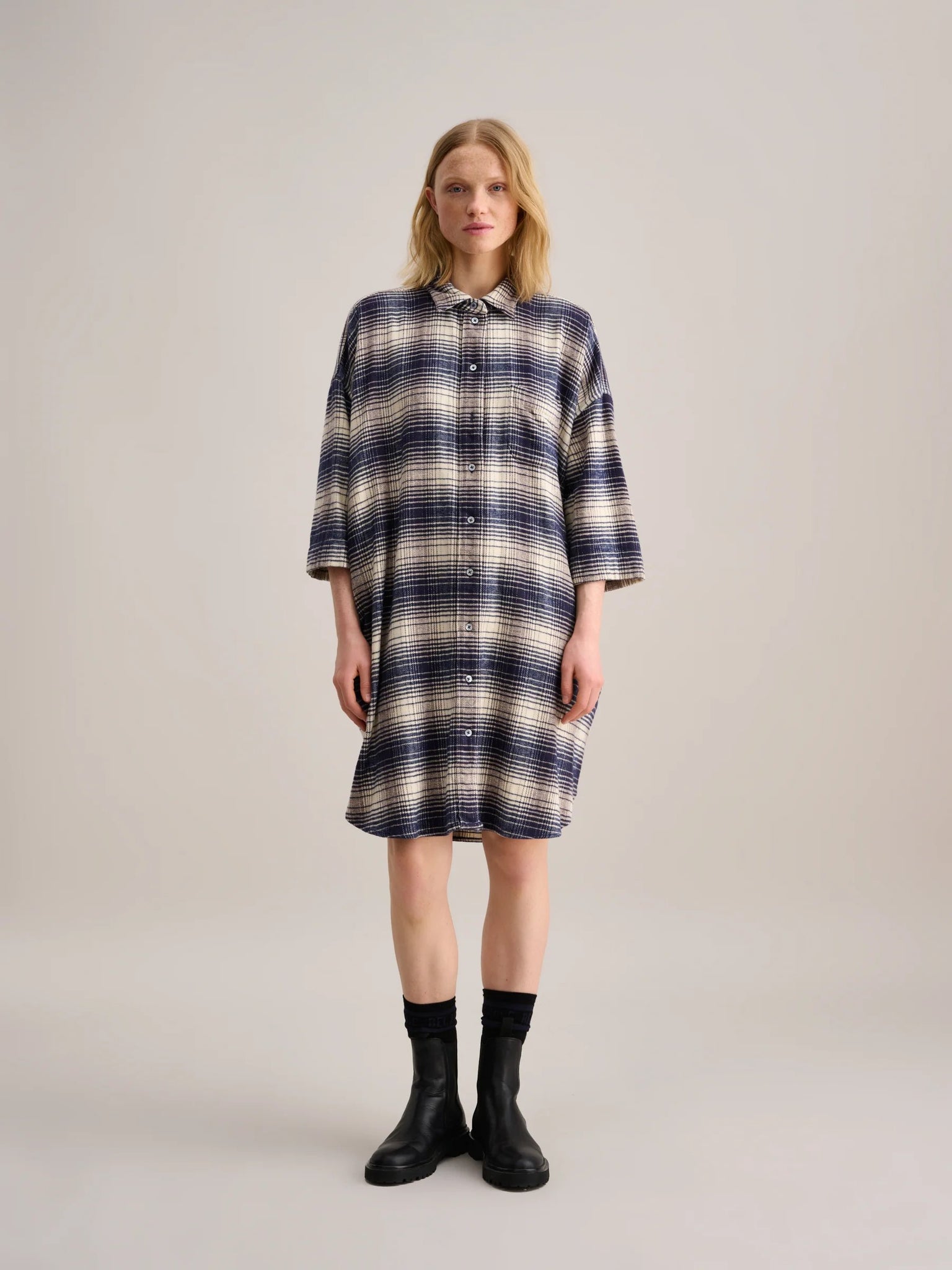 Gladys Dress in Blue and Ecru Check