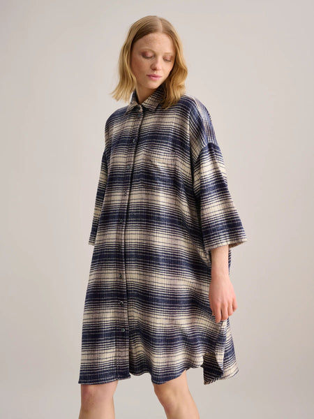Gladys Dress in Blue and Ecru Check