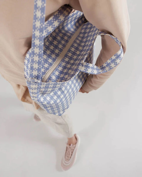 Horizontal Zip Duck Bag in Blue Pixel Gingham