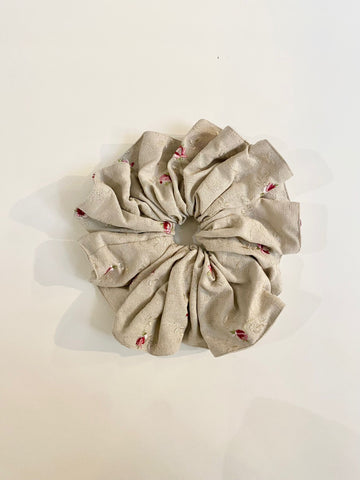 Large Linen Scrunchie with Pink Rosebuds