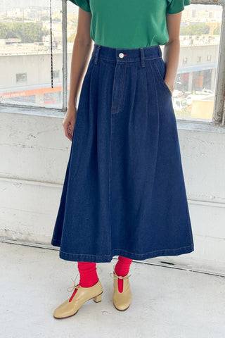 Long Farm Girl Skirt in Raw Denim
