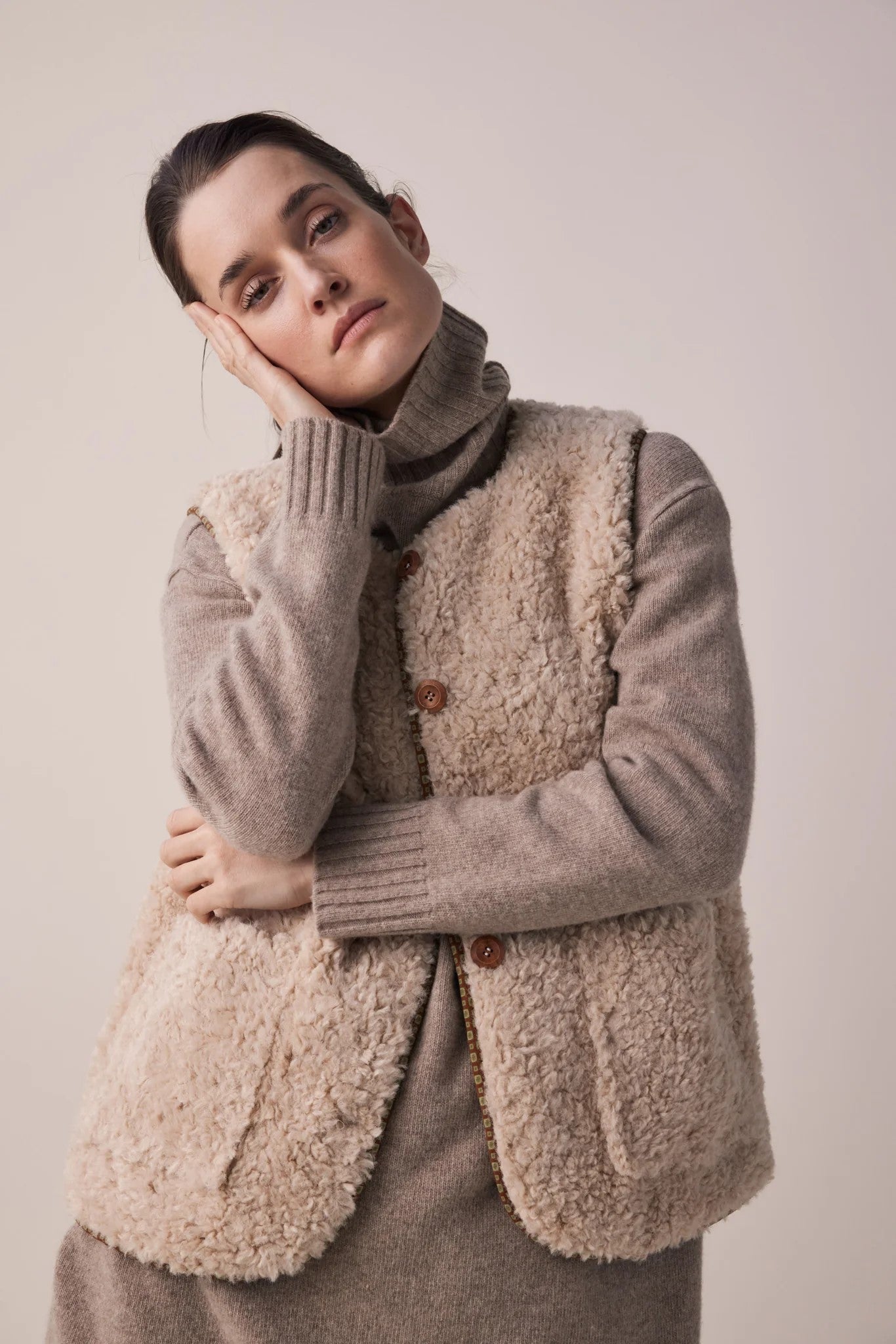 Wool & Cotton Blend Reversible Vest in Oatmeal and Brown