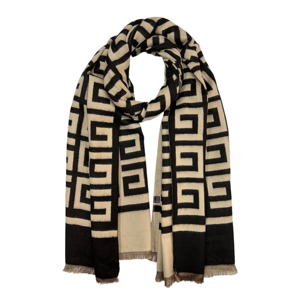 Big Maze Print Wool Mix Winter Scarf in Black