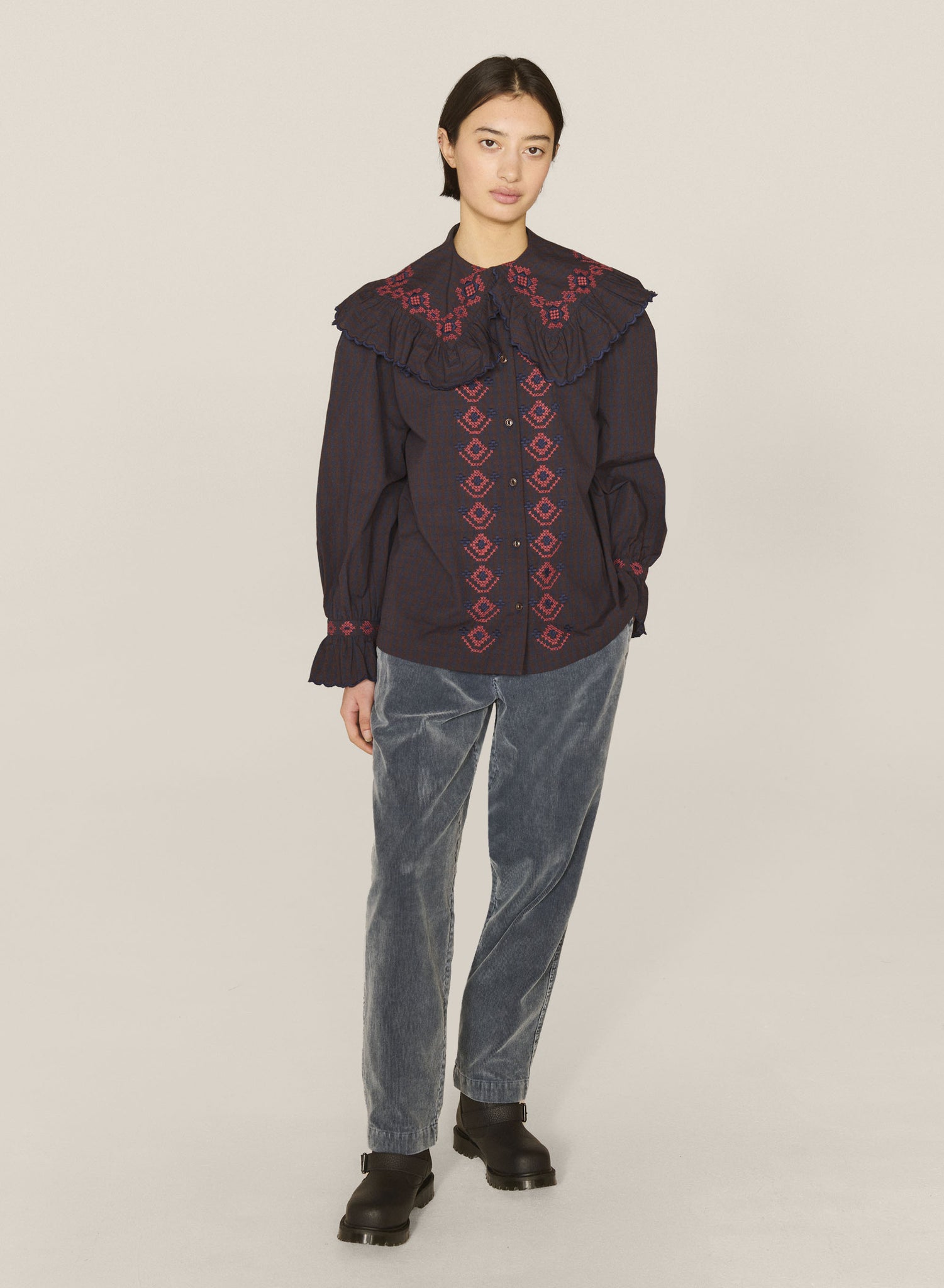Blossoms Cotton Shirt in Navy and Brown Gingham