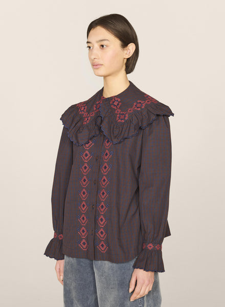 Blossoms Cotton Shirt in Navy and Brown Gingham