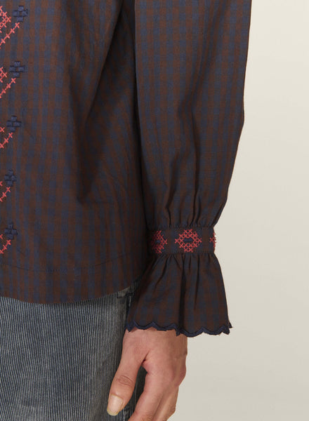 Blossoms Cotton Shirt in Navy and Brown Gingham