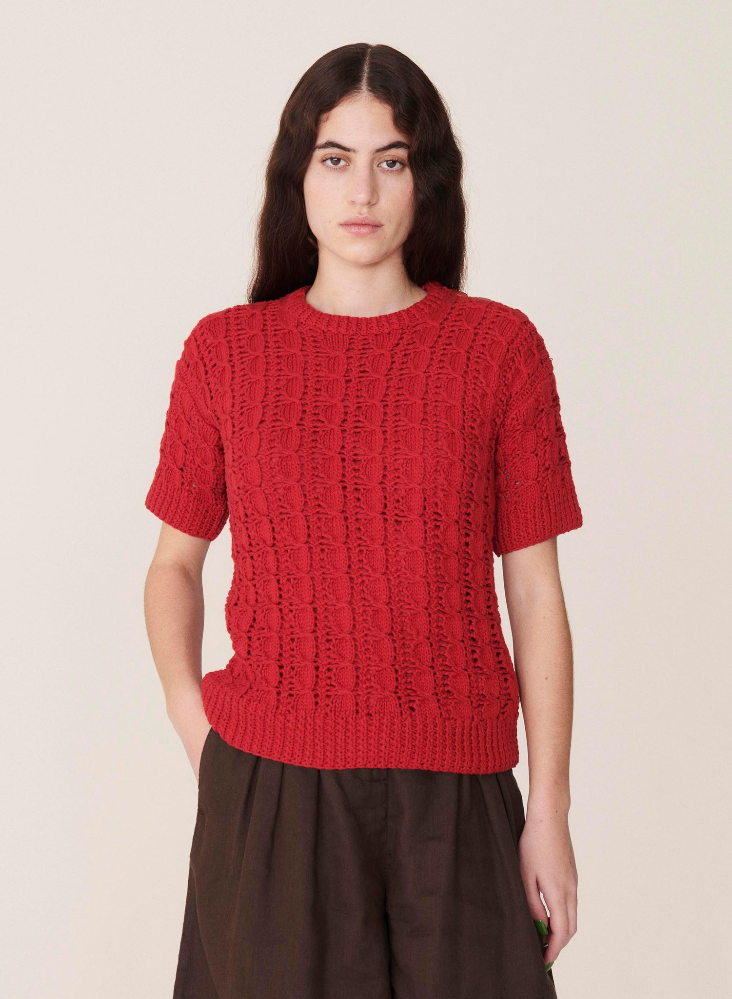 Rosemary Crochet Cotton Short Sleeve Knit in Red