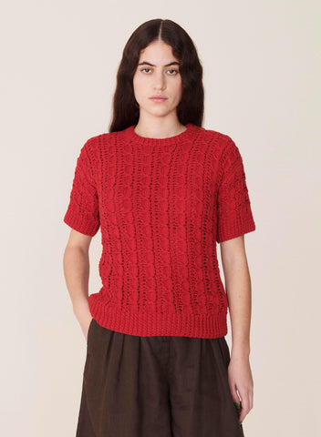 Rosemary Crochet Cotton Short Sleeve Knit in Red