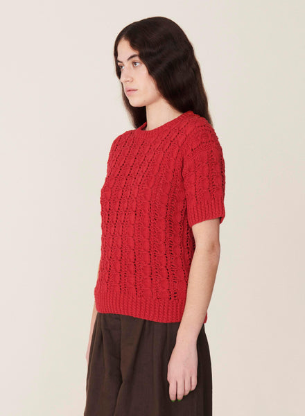 Rosemary Crochet Cotton Short Sleeve Knit in Red