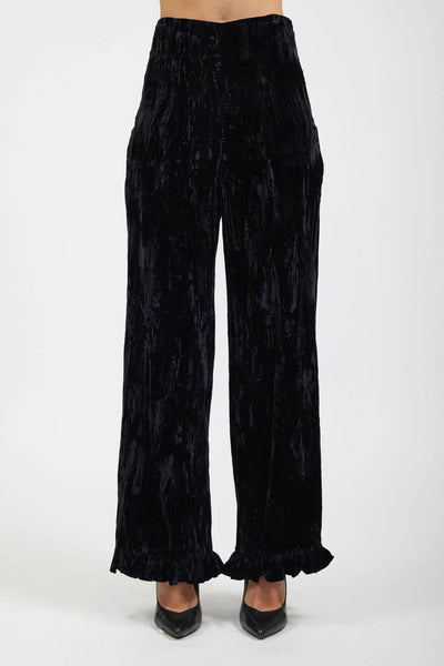 Ruffle Pant in Black Crushed Velvet