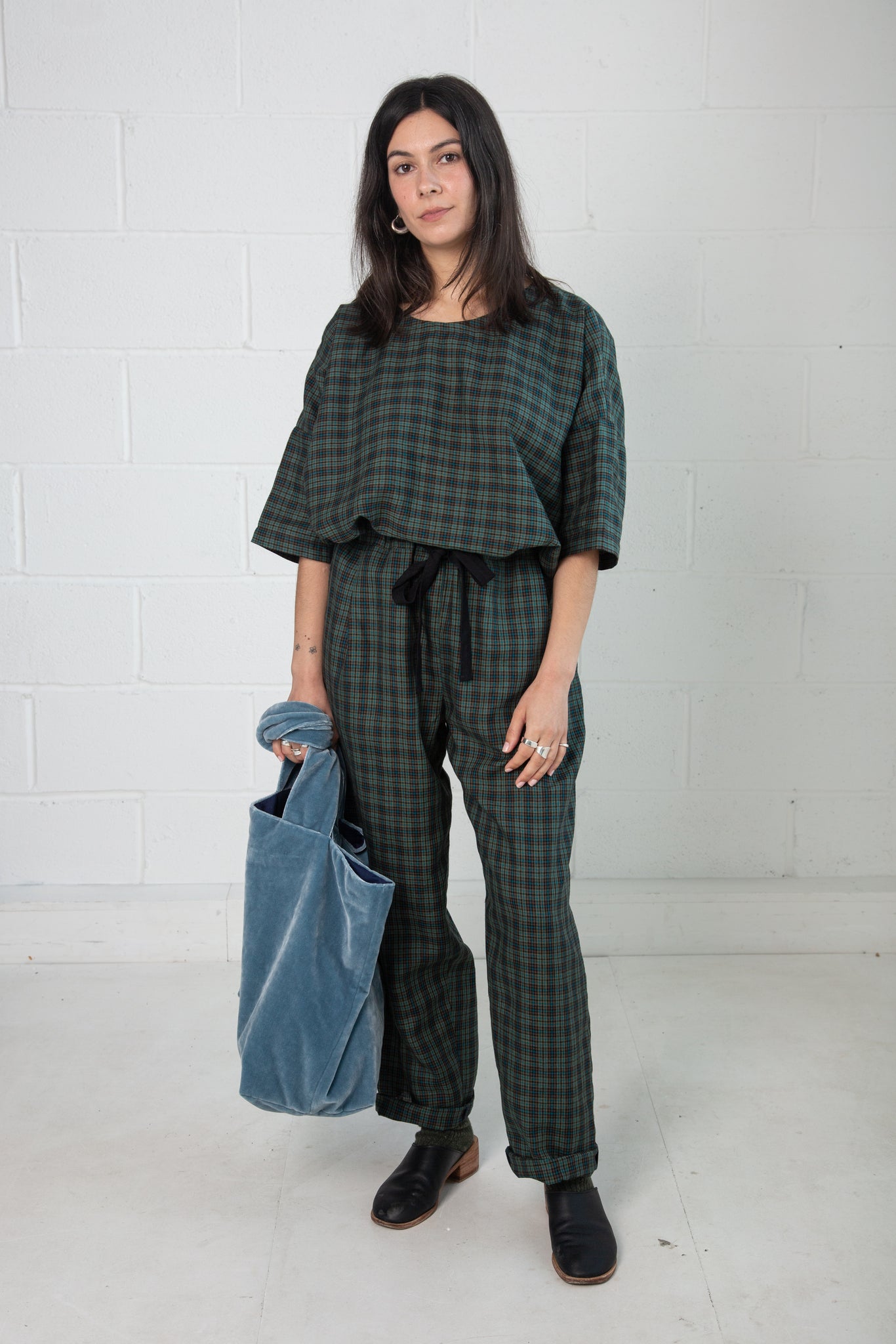 Tariff Pants in Green Check Linen