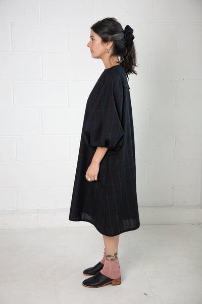 Barton Dress in Black and Blue Check Wool