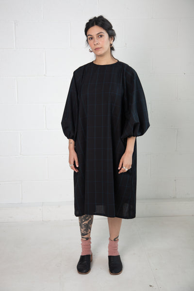 Barton Dress in Black and Blue Check Wool