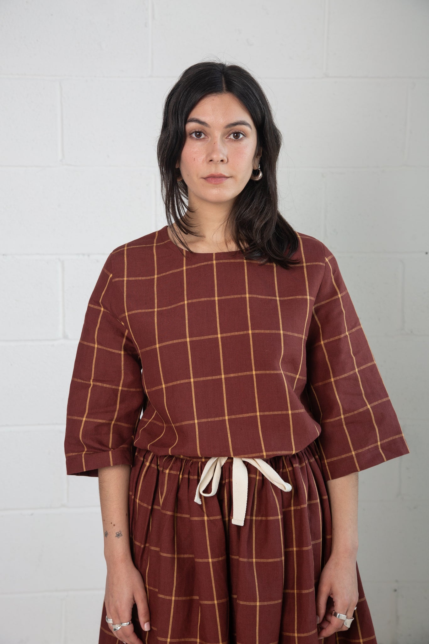 Dale Top in Rust Check Linen