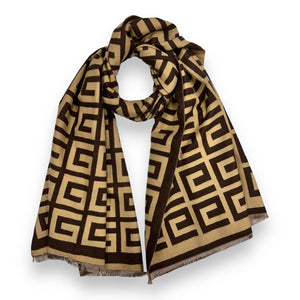 Big Maze Print Wool Mix Winter Scarf in Coffee