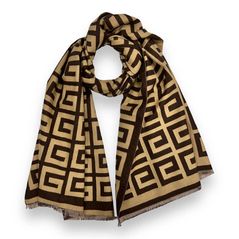 Big Maze Print Wool Mix Winter Scarf in Coffee