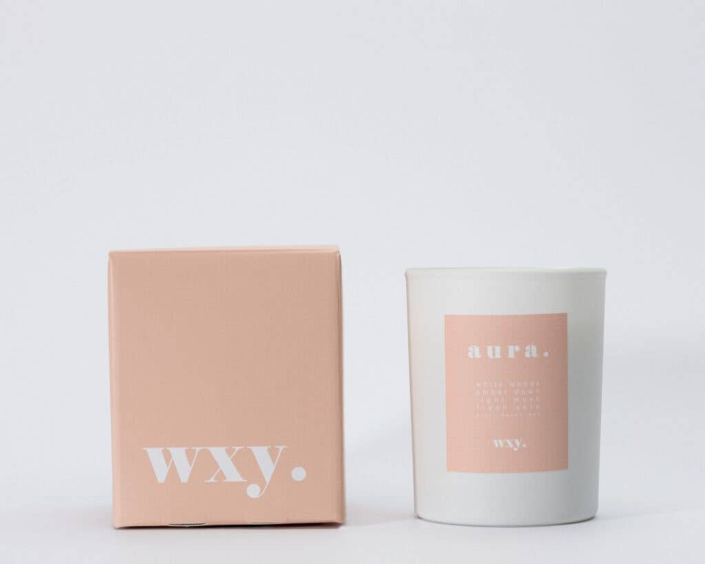 Aura Candle in White Woods and Amber Down Scent
