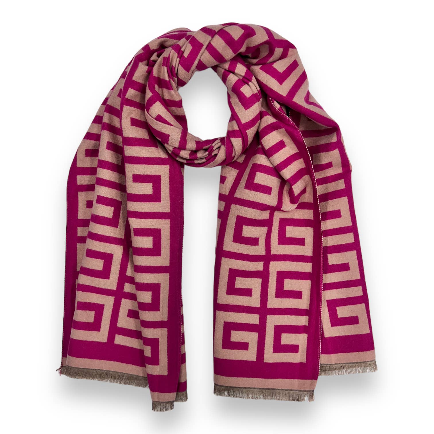 Big Maze Print Wool Mix Winter Scarf in Fusia