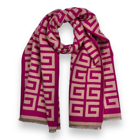 Big Maze Print Wool Mix Winter Scarf in Fusia