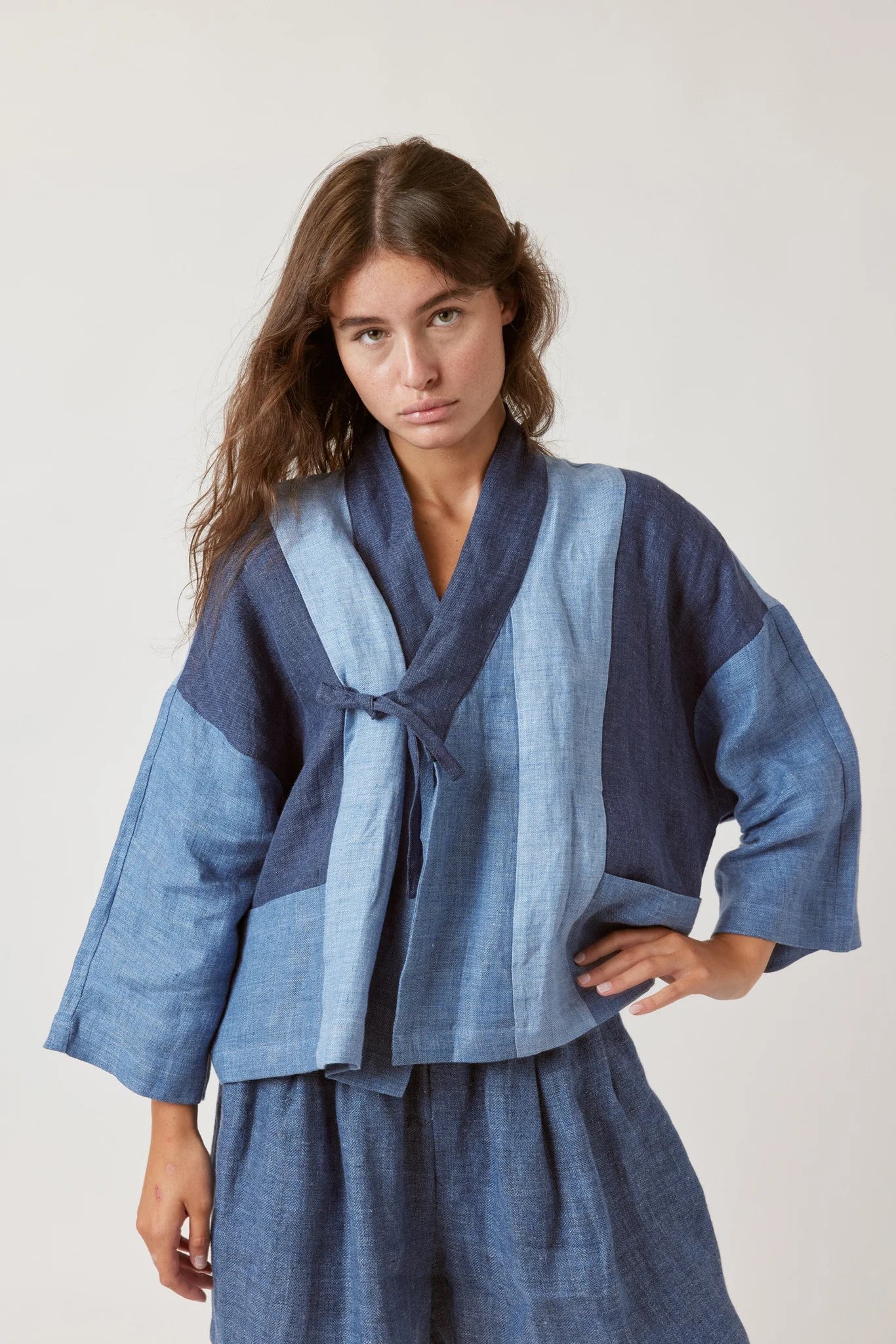 Linen Colour-Blocked Jacket in Multi-Blue