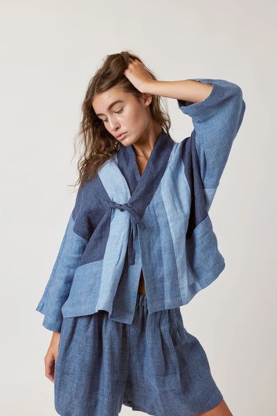 Linen Colour-Blocked Jacket in Multi-Blue