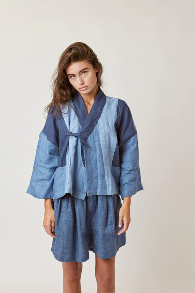 Linen Colour-Blocked Jacket in Multi-Blue
