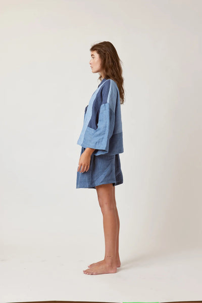 Linen Colour-Blocked Jacket in Multi-Blue