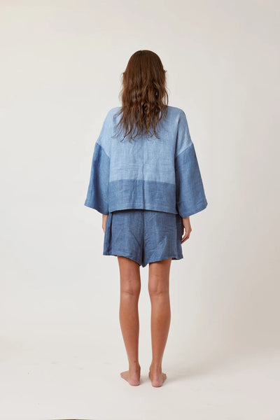 Linen Colour-Blocked Jacket in Multi-Blue