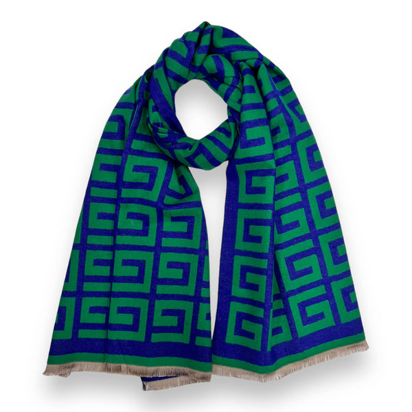 Big Maze Print Wool Mix Winter Scarf in Navy and Green